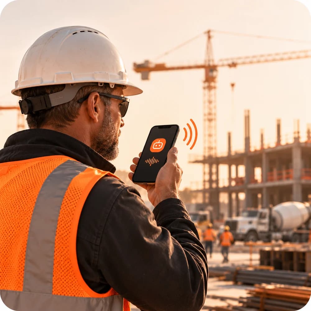 A superintendent in a hard hat and safety vest talking to Jobro on his phone, with a tower crane and concrete trucks on site behind him