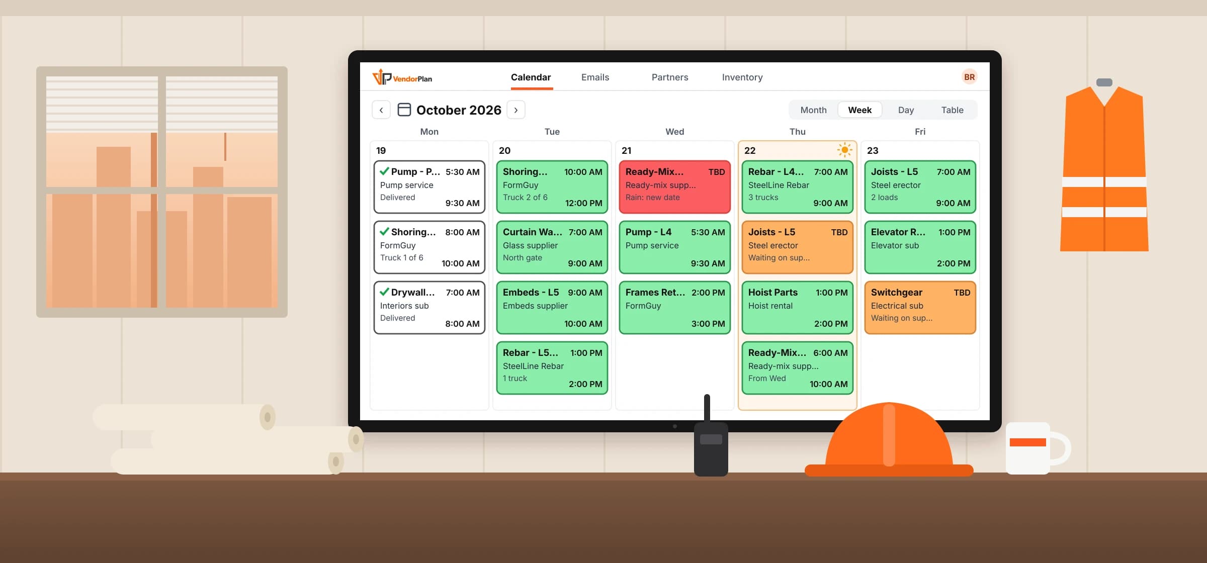 With VendorPlan: a TV in the job trailer shows the VendorPlan delivery calendar, every delivery color coded and current